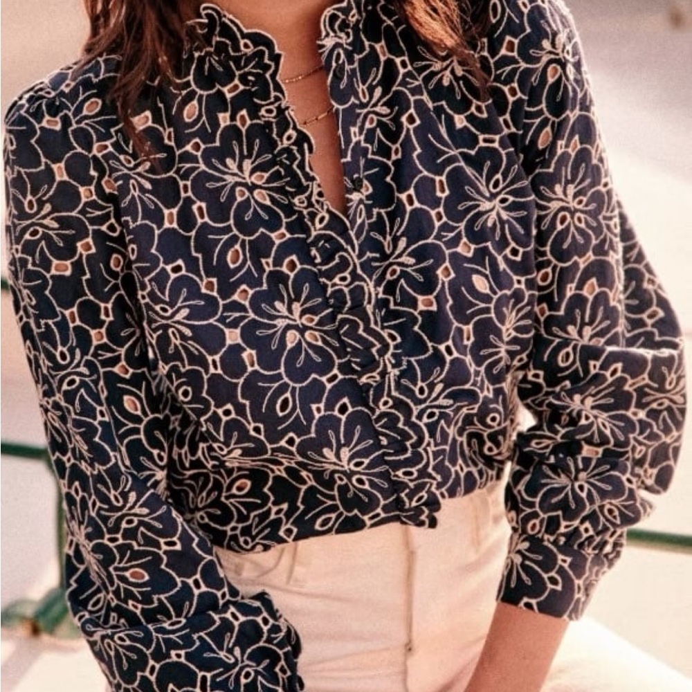 Sezane Navy and White Floral Blouse